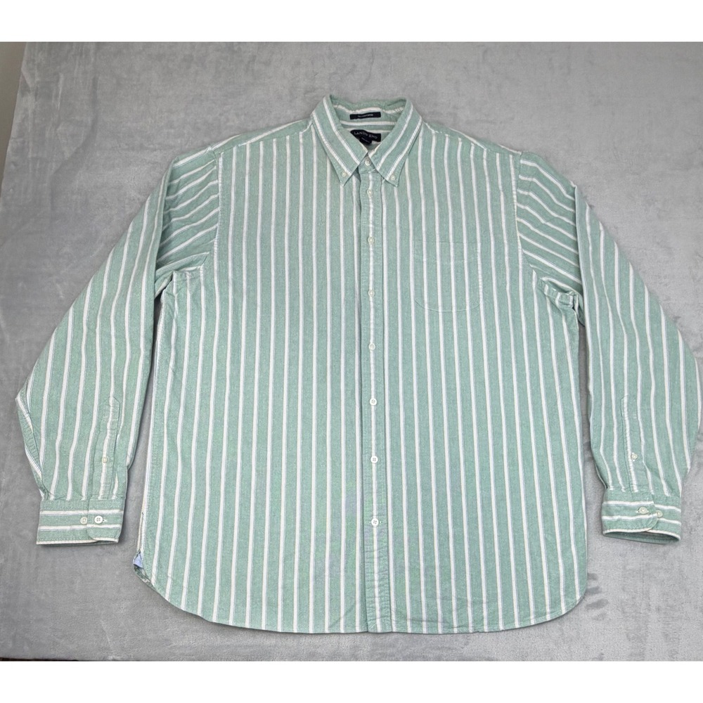 Lands End Mens Sail Rigger Oxford Shirt XL/T Green Striped Traditional Fit